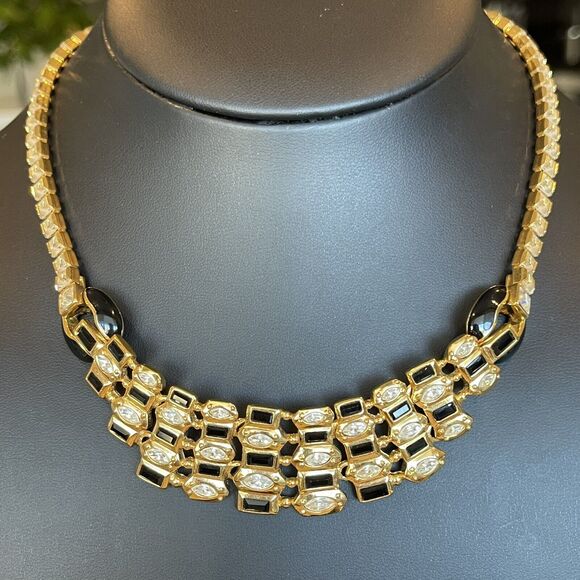Vintage 1980s Gold Tone Black Enamel CZ Statement Necklace 15-18” Retro Jewelry - Picture 8 of 10